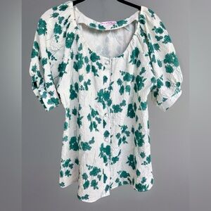 Ana & Rose Womens Short Sleeve Button Up Quilted Blouse White/Green Floral Large